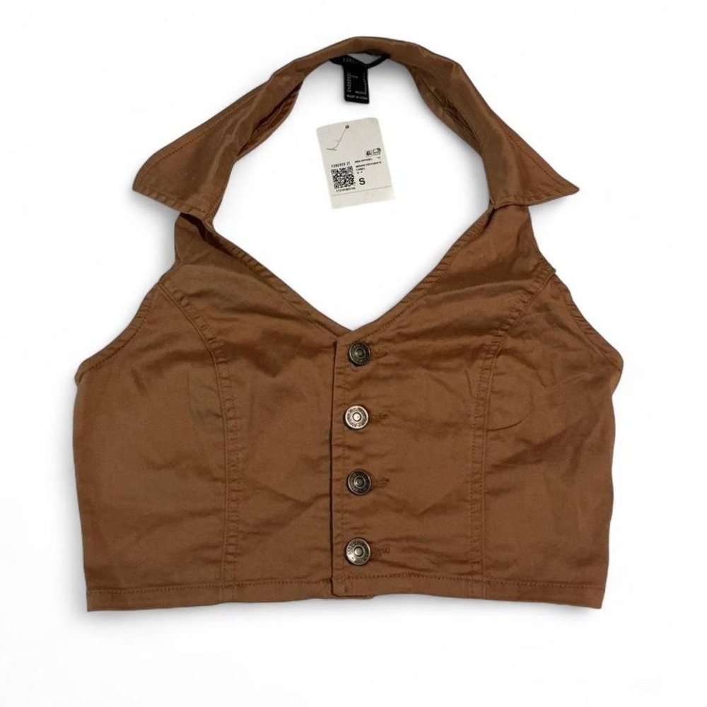 Forever 21 Halter Crop Top‎ Womens Small Brown NEW Button Front Collared Vest